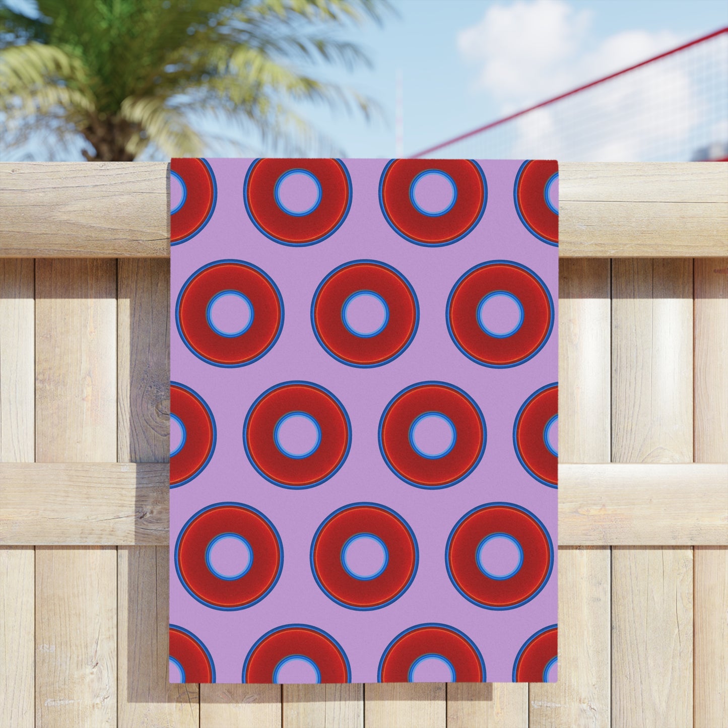 Lumpy Donut Towels - vivid red donuts w/wisteria purple background