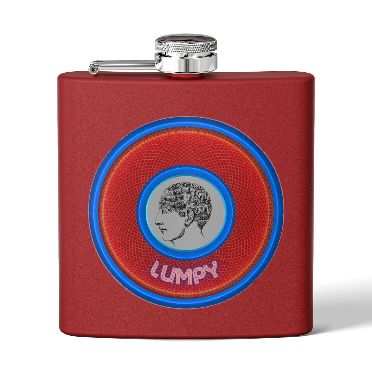 Lump's Donut Flask 6 oz -  "Our Lumpiest Flask" - red/blue rustic donut - [*w/your choice of 6 backgrounds]