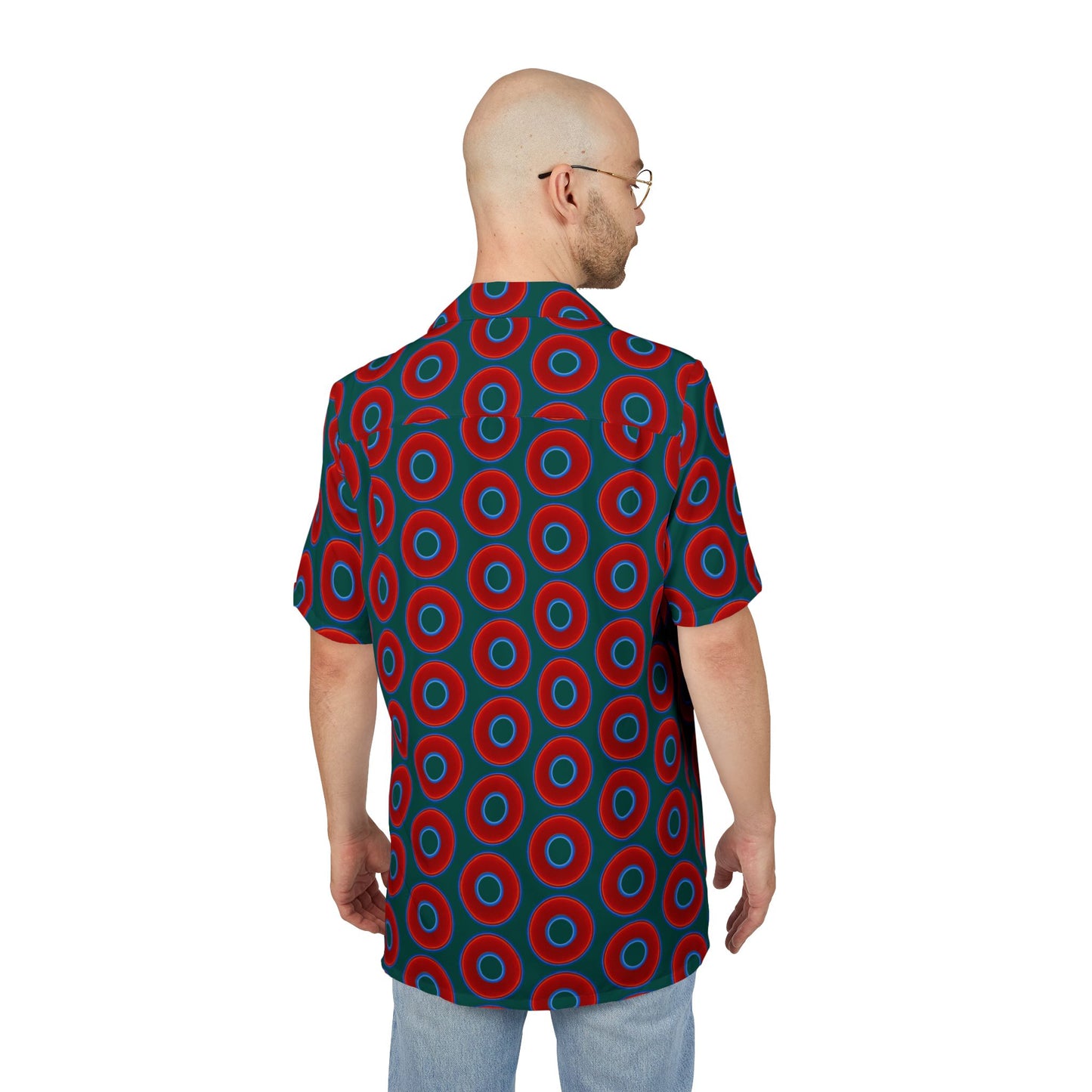 Wilson's 'Epic Hawaiian-Punch' Shirt - vivid red donut print w/dark Fenway green background [unisex]