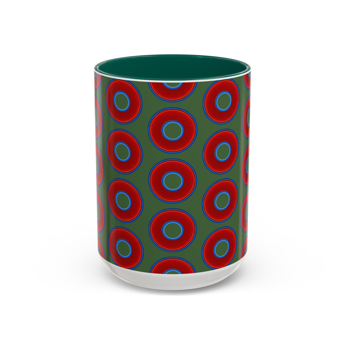 Lump's Grumpy Coffee Mug - vivid red donuts w/dark green background