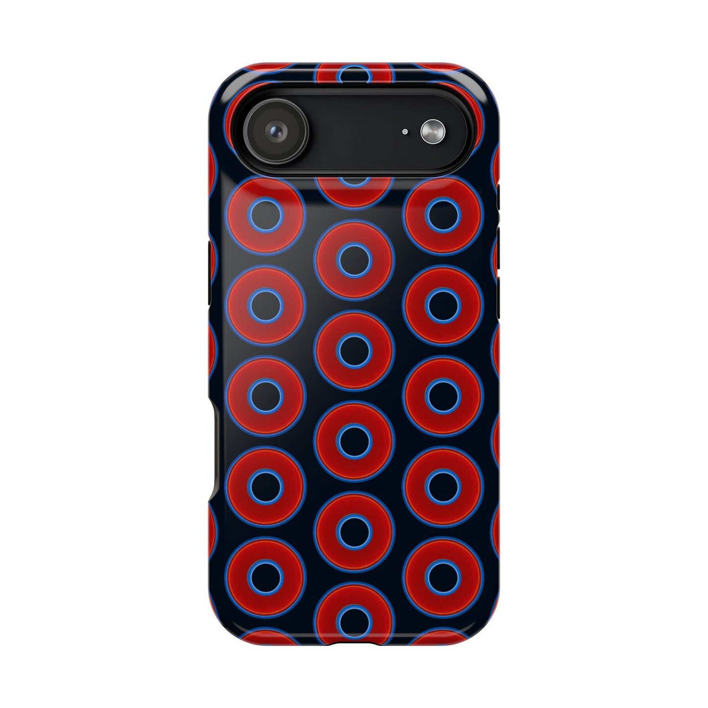 Impact-Resistant Lumpy Donut Case - red vivid donut print w/blue charcoal background