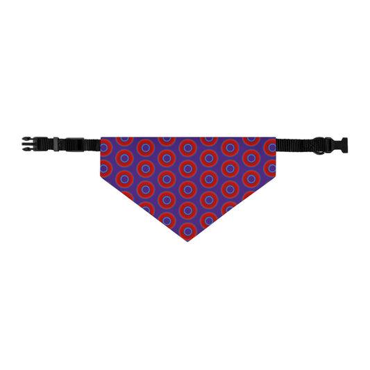 Jim's Lumpy Bandana Pet Collar - vivid red donuts w/purple background