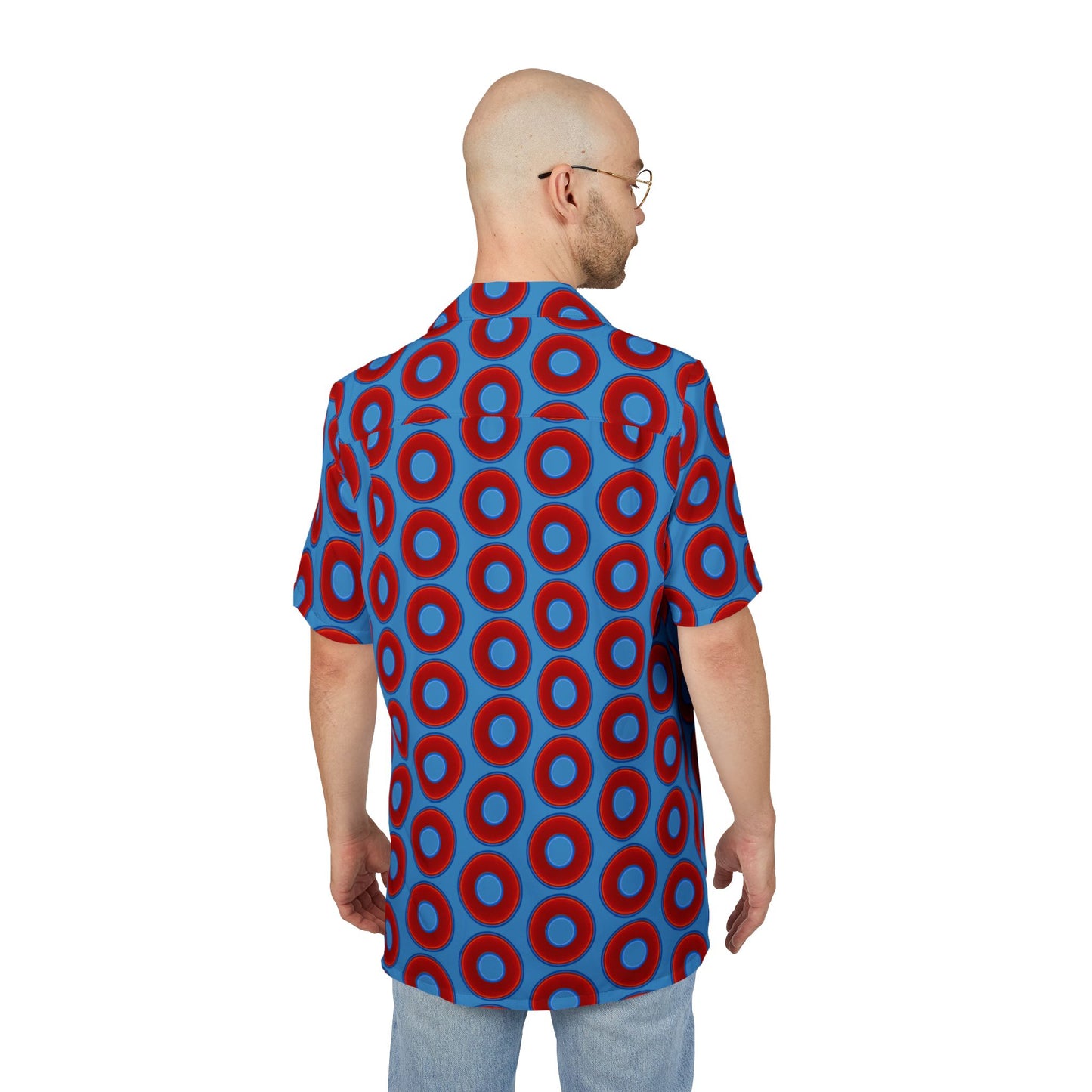 Wilson's 'Epic Hawaiian-Punch' Shirt - vivid red donut print w/light steel blue background [unisex]