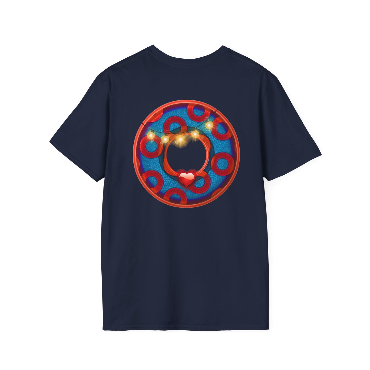 Classic Donut Tee - Unisex Soft-Style - "MORE Donuts Please" - rustic dark blue/red paradox donut - variant 1