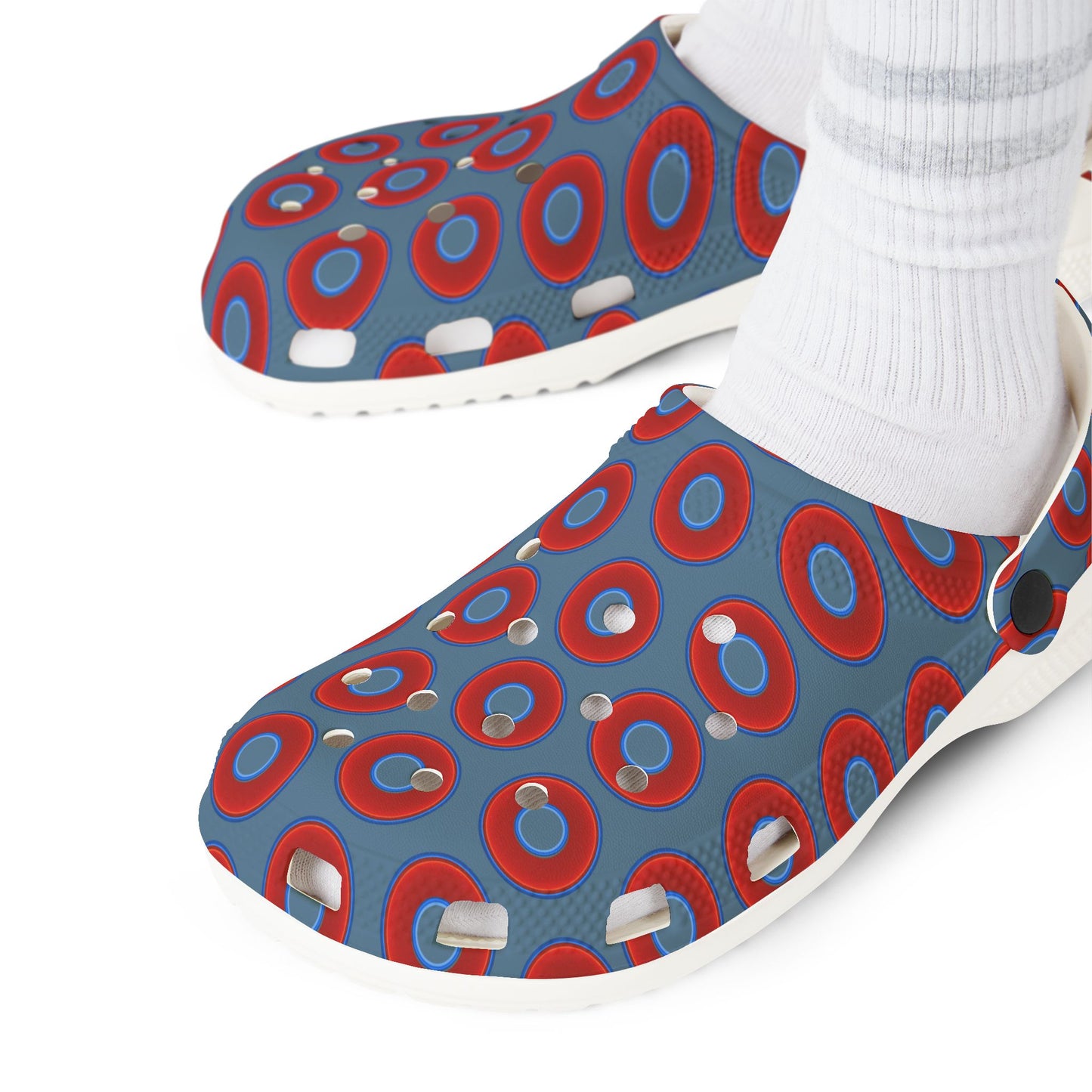 Spatchcocks - donut slip-on shoes - vivid red donuts w/steel blue background [unisex]