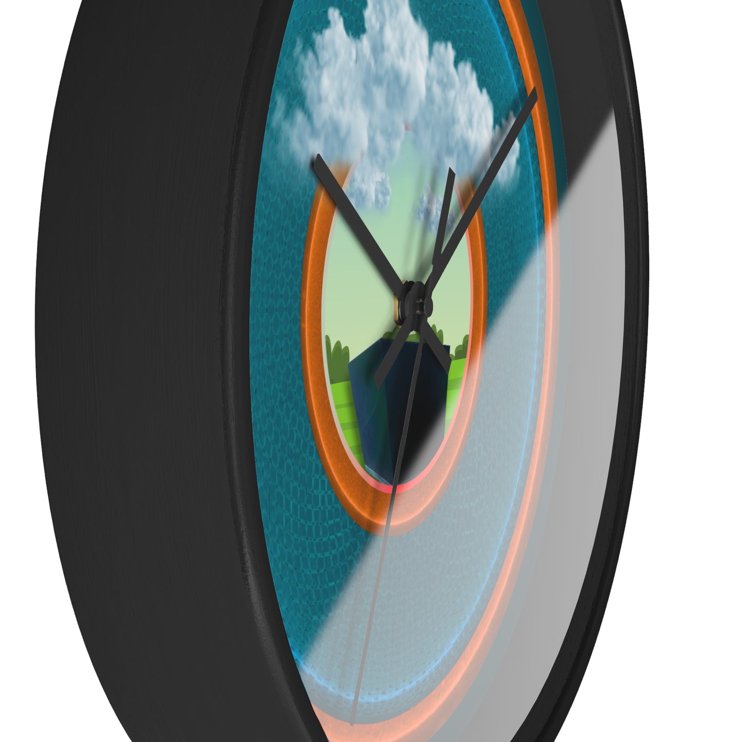 Lumpy Wall Clock - "Got Rhombus?" - variant 3 - aquamarine blue/orange rustic donut w/midnight green background