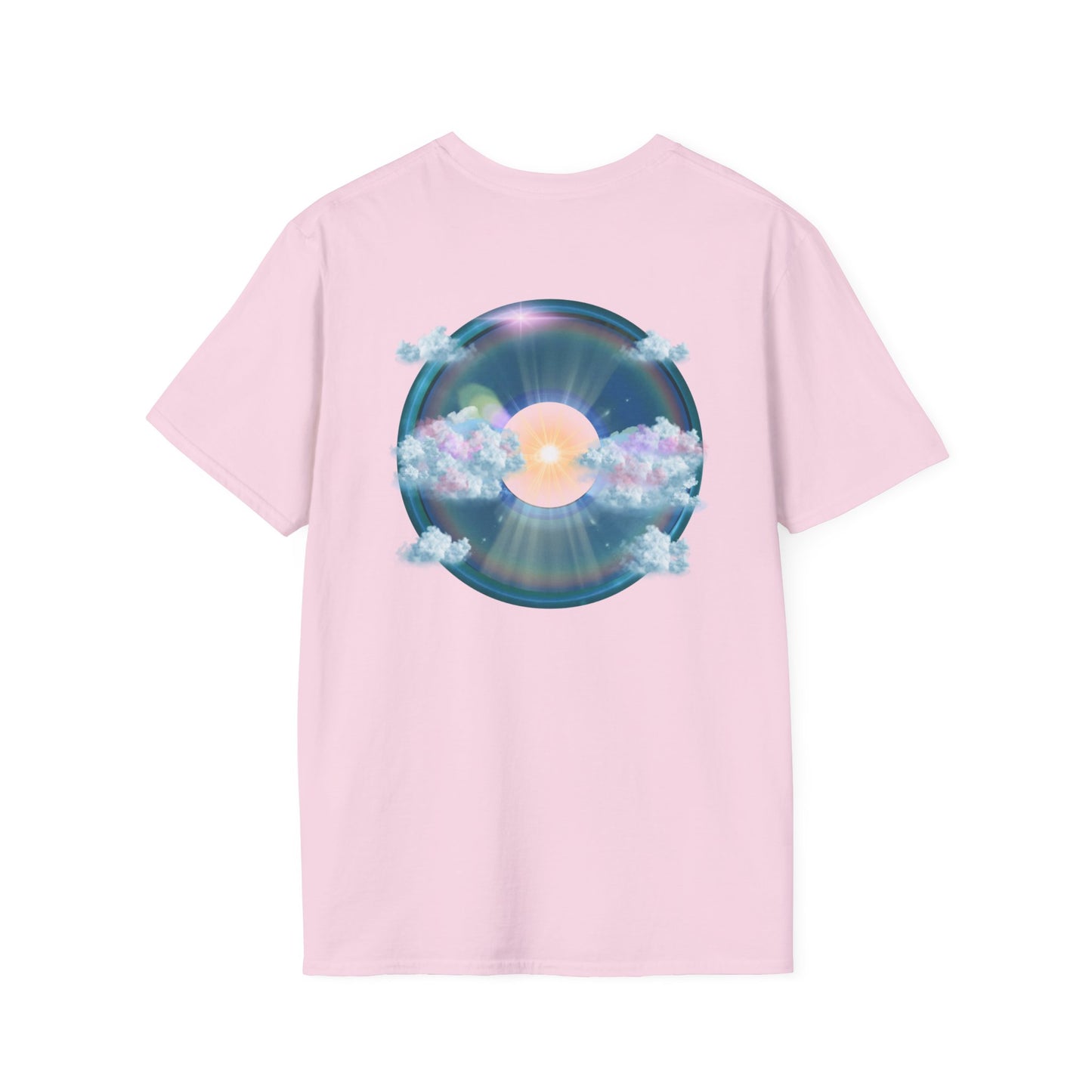Classic Donut Tee - Unisex Soft-Style - "The Divided Donut" - variant 2 - blue donut  w/hole & sun [*50% to The Divided Sky Foundation]