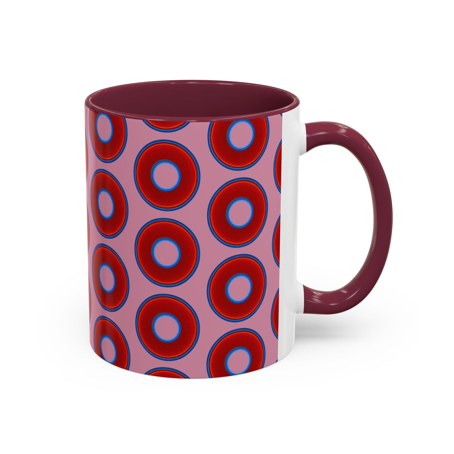 Lump's Grumpy Coffee Mug - vivid red donuts w/pink background