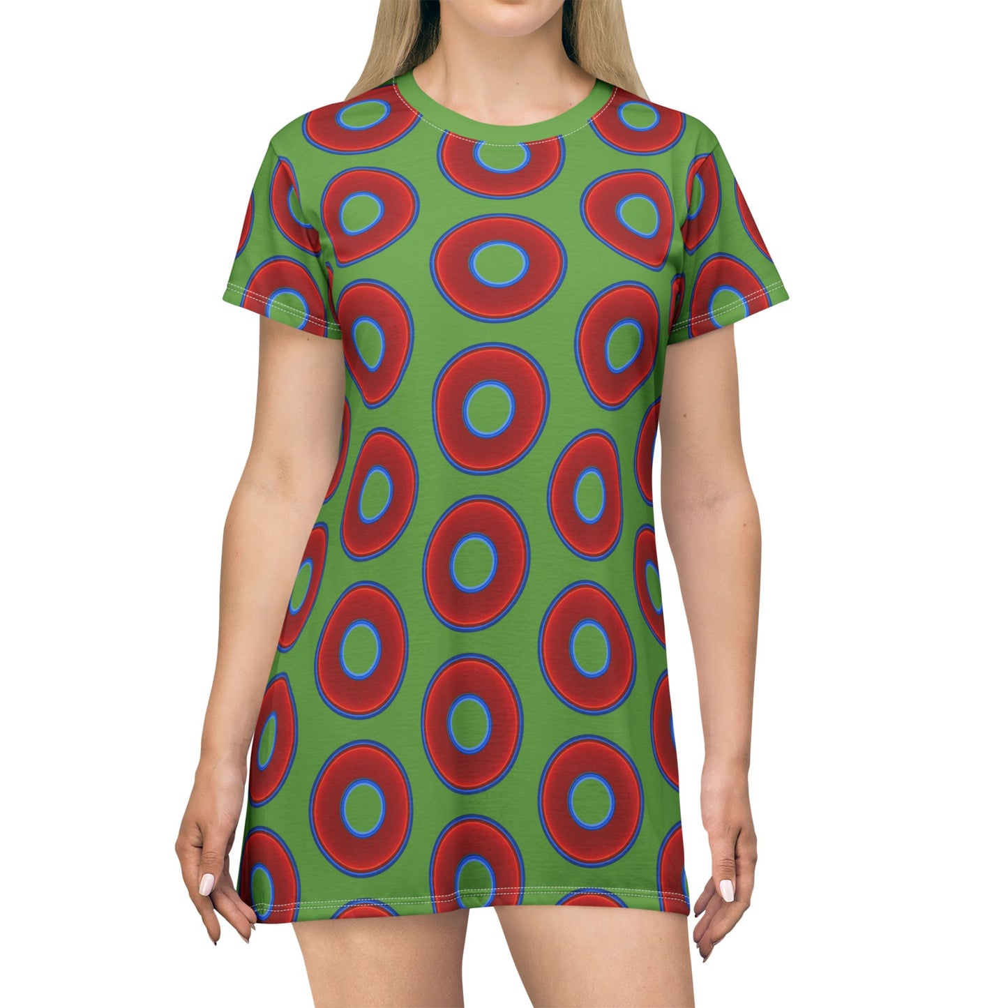 Not a Muumuu AOP Tee Shirt Dress - red vivid donuts w/light green background