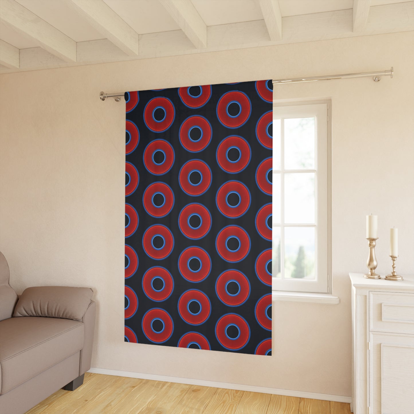 Lump's Heady Curtain w/Donuts - vivid red donut print - w/blue charcoal background - [*1 Piece / 50" x 84"]