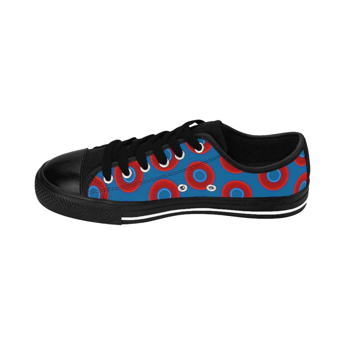 Women's Cushiony Convectors - Low Top - large red vivid donut print w/wavy navy blue background
