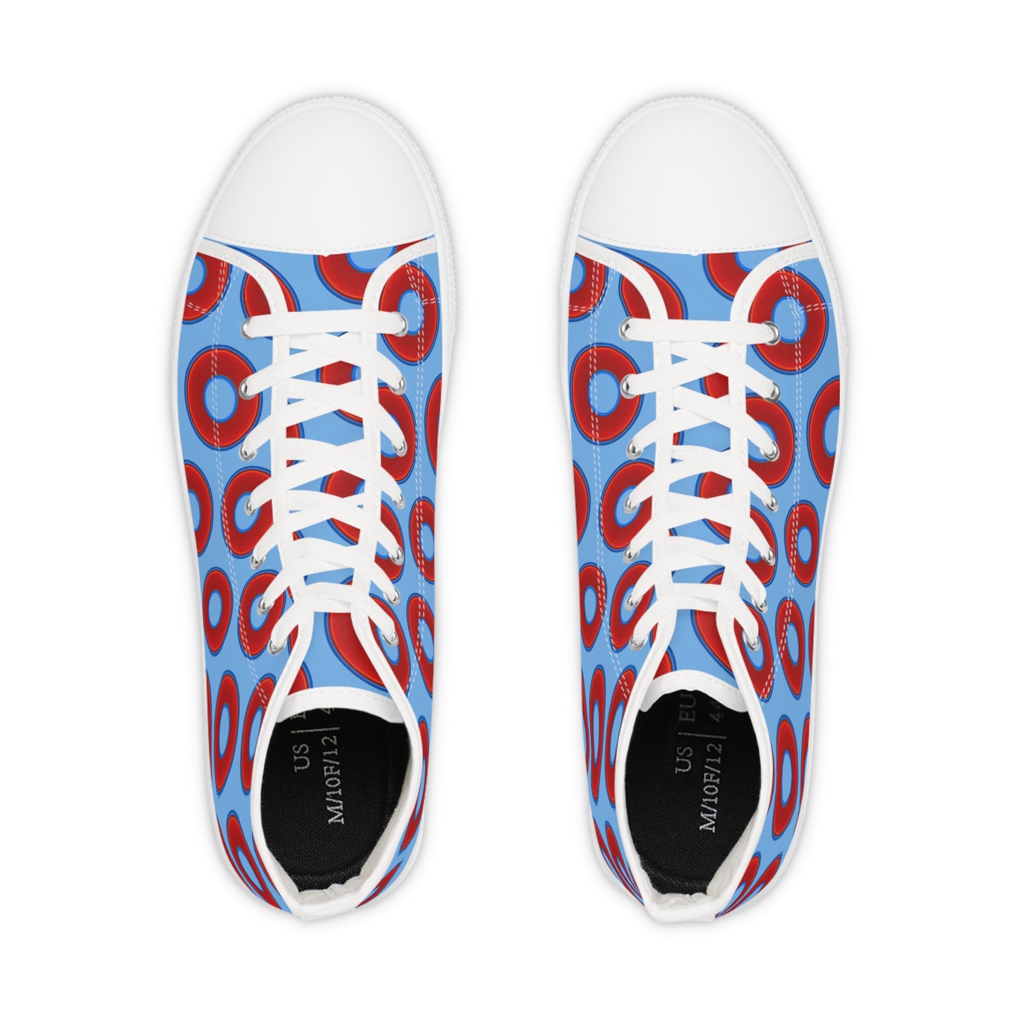 Men's High Top Chucks - large vivid red donut print w/light blue background