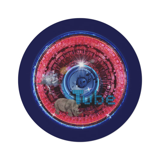 Round Room - 5 ft x 5 ft Lumpy Donut Rug - "Rhinos Do Run From Thunder & Donut Rugs" - vivid red/blue tube donut w/navy blue background - variant 1