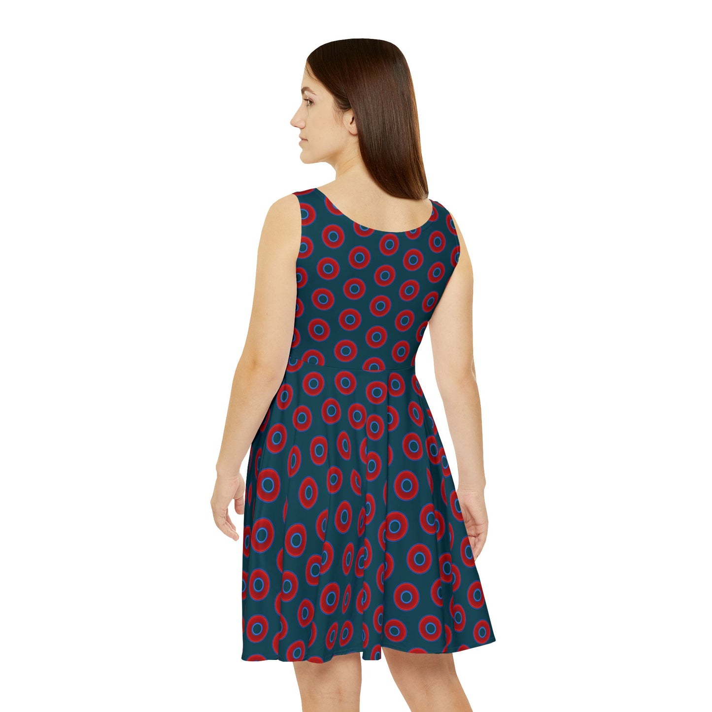 Women's Skater Donut Dress - vivid red donut print w/midnight teal green background