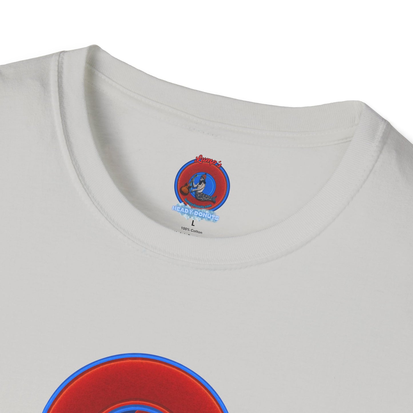 Classic Donut Tee - Unisex Soft-Style - "Portal Donut" - vivid red/blue donut  - w/navy blue - variant 2