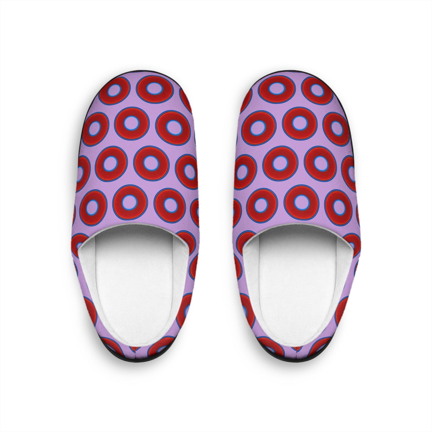 Men's Lumpy Slippers - red vivid donut print w/wisteria purple background