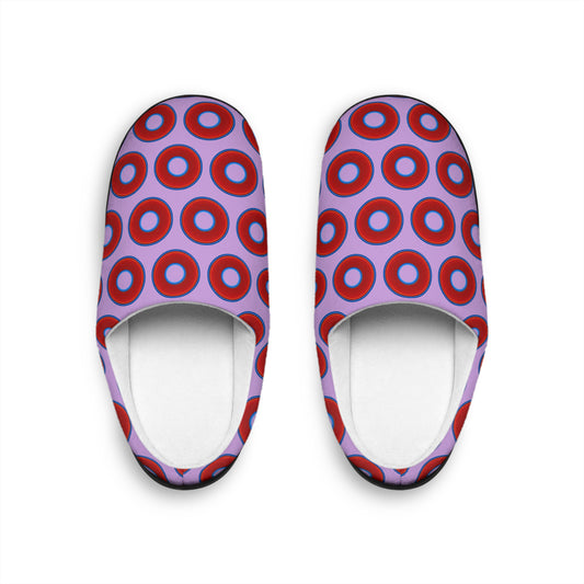 Men's Lumpy Slippers - red vivid donut print w/wisteria purple background