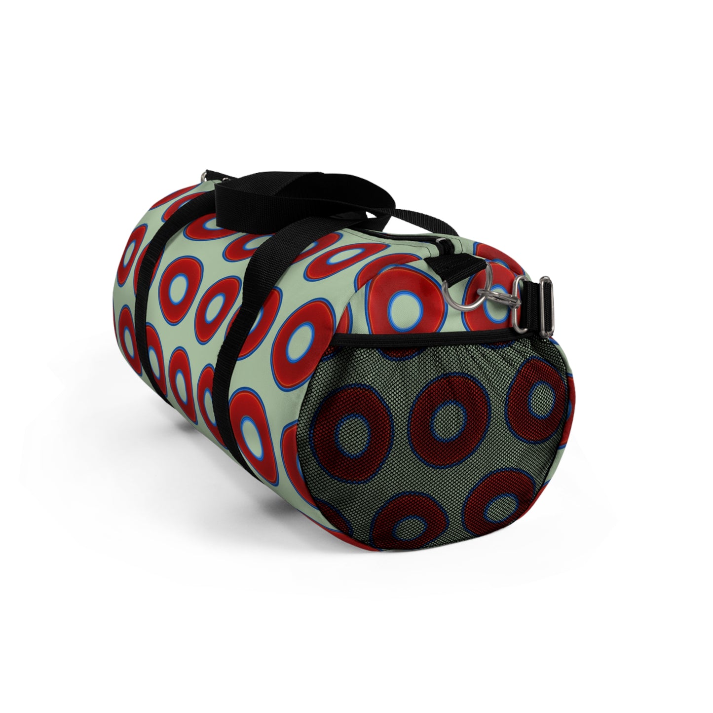 Lumpy Duffel - vivid red donuts w/seafoam background