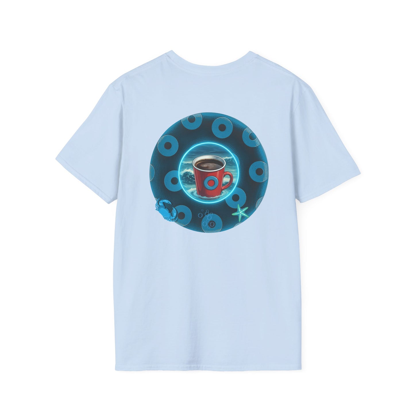 Classic Donut Tee - Unisex Soft-Style - "The Leaky Cup" - paradoxical blue/teal ocean donut -