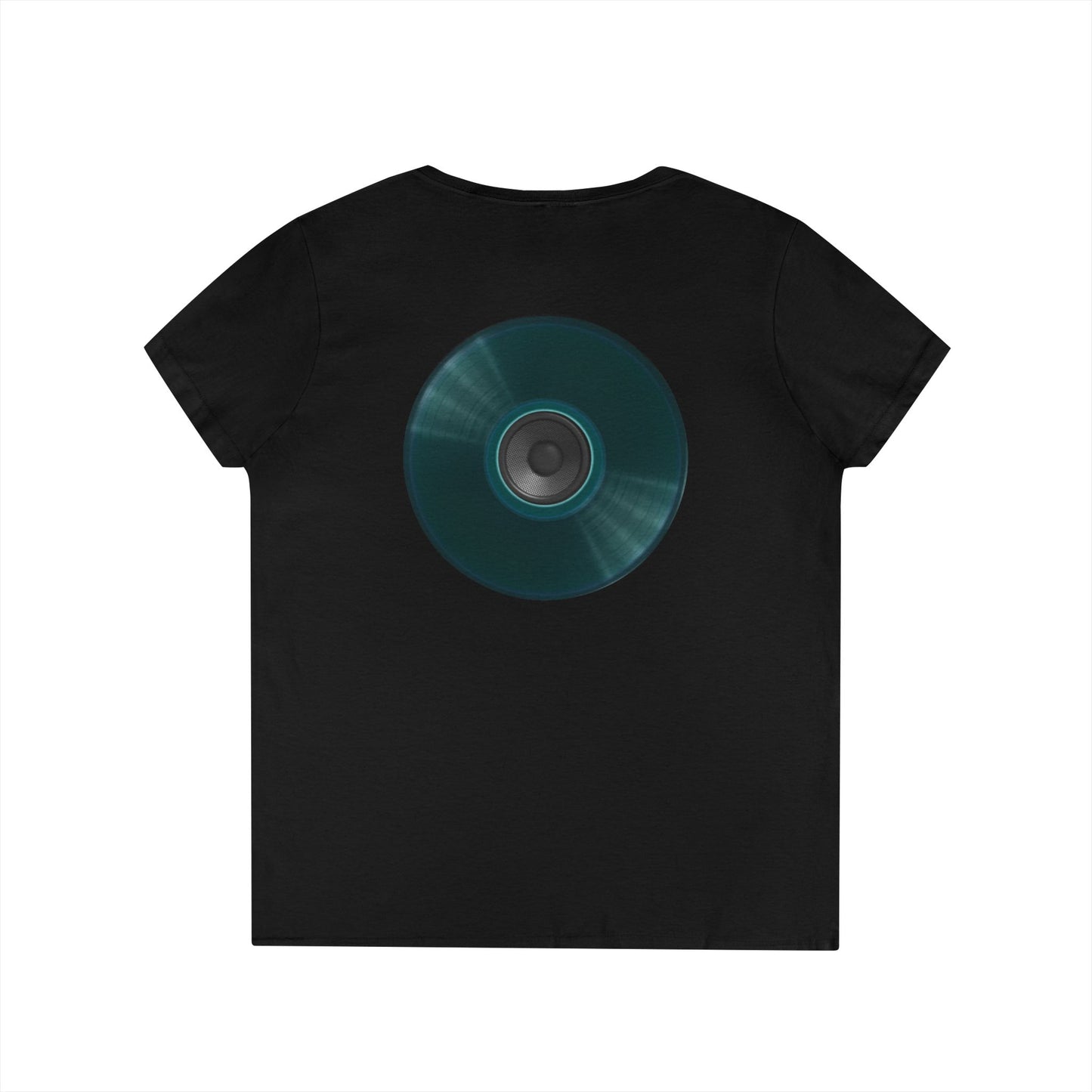 Women's Donut V-Neck Tee - "Speaker Donut" - vivid teal record donut w/