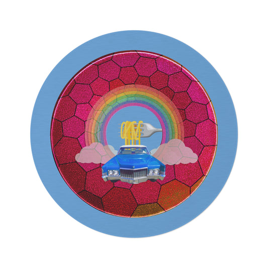 Round Room - 5 ft x 5 ft Lumpy Donut Rug - "Cadillac Rainbow Donut Rug" - magenta hexadonut w/light blue background - variant 2