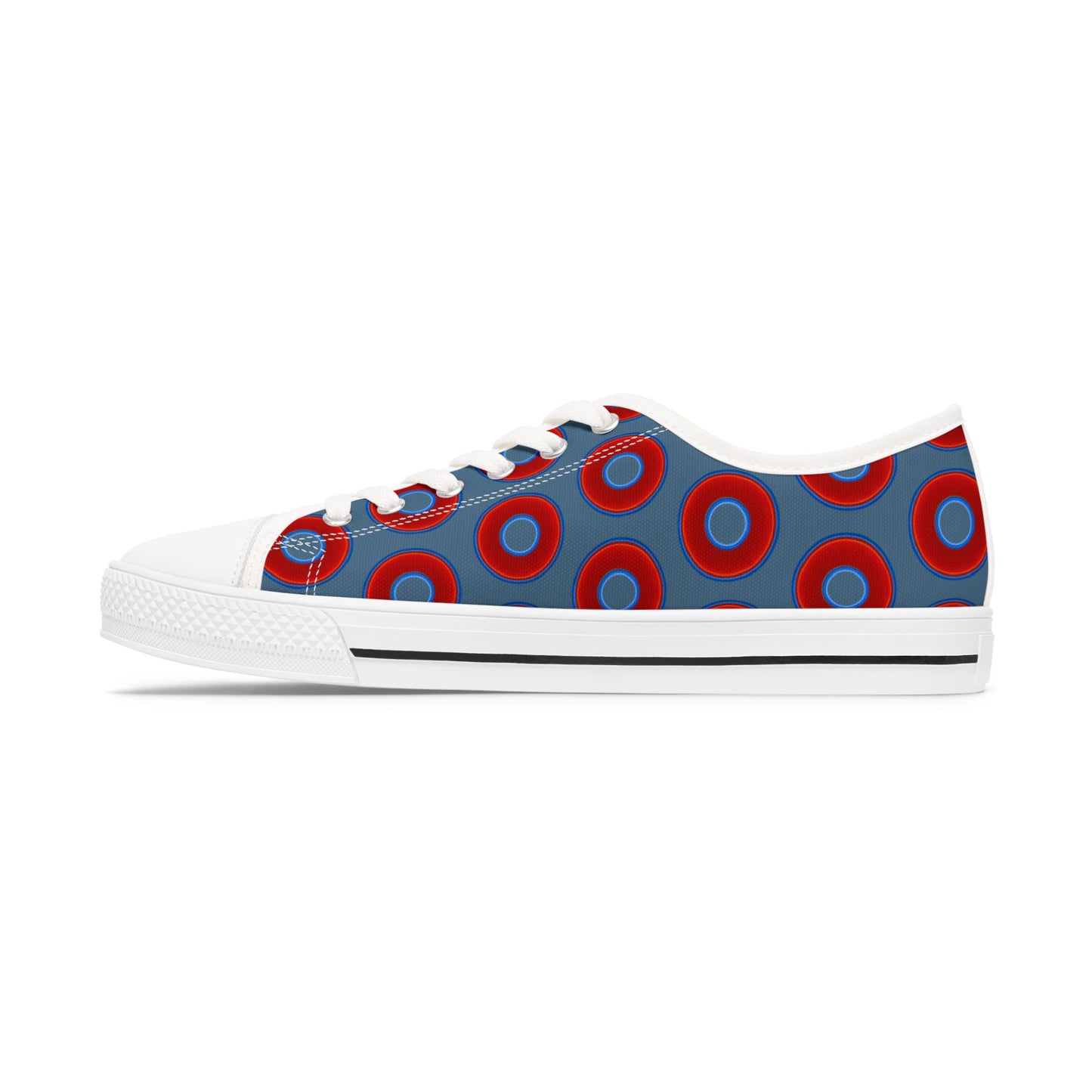 Women's - Low Top Chuck Taylors - large vivid red donut print w/steel bleu background