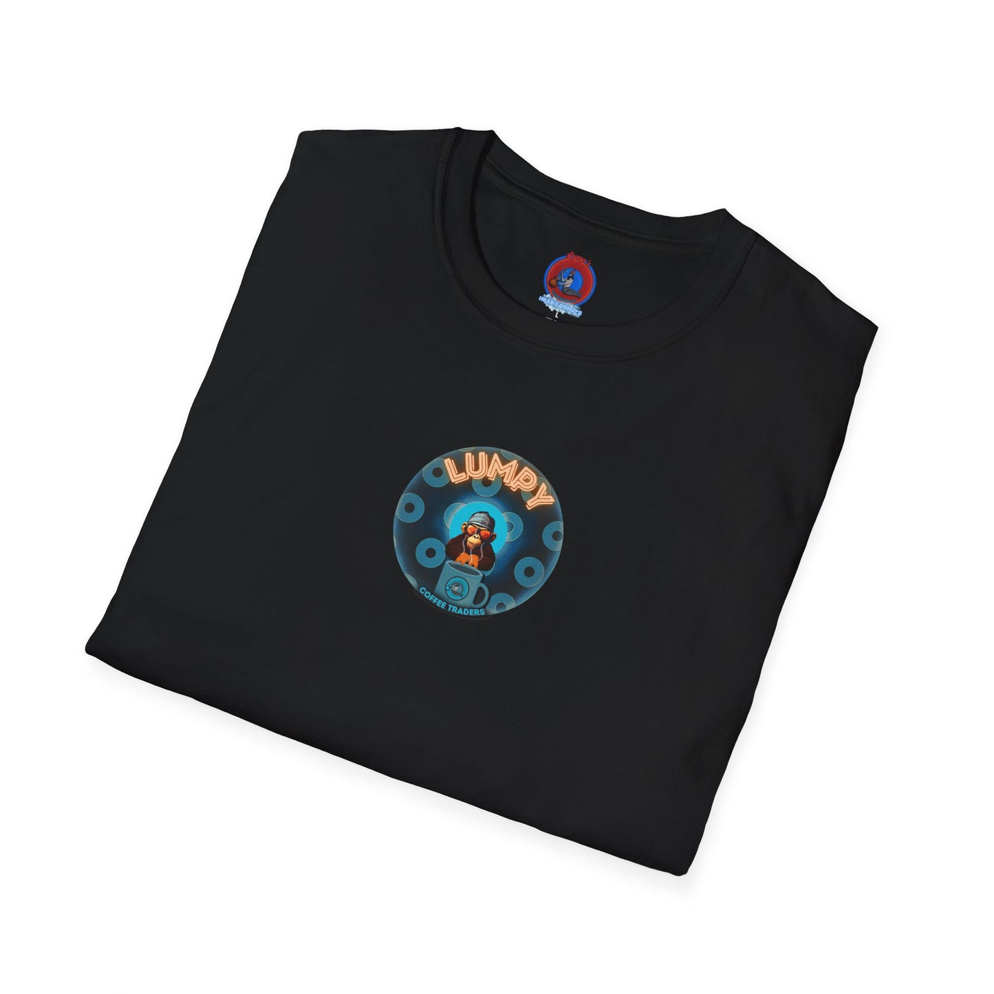 Lumpy Coffee Traders Tee - Unisex Soft-Style - "Good to Last Leaky Drop" - paradoxical ocean donut - variant 1 - logo front/coffee back