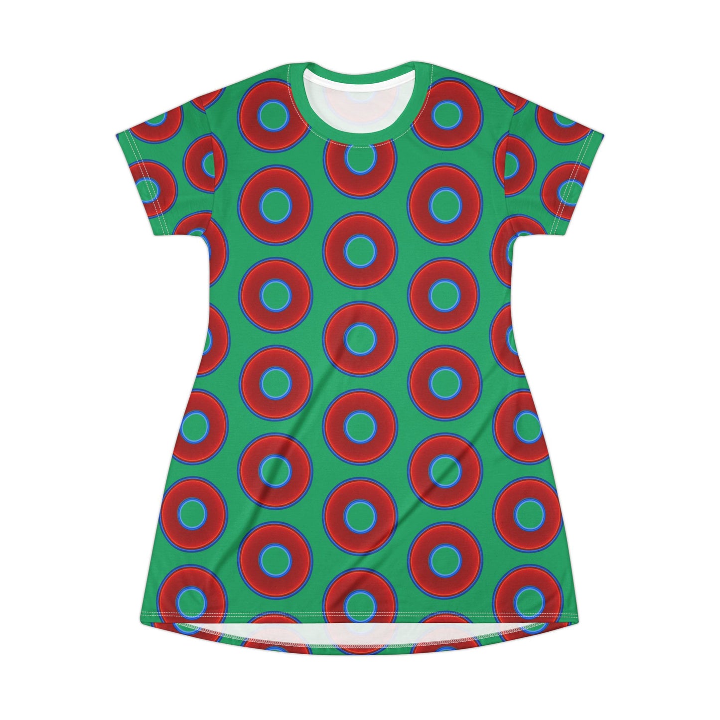 Not a Muumuu AOP Tee Shirt Dress - red vivid donuts w/jade green background