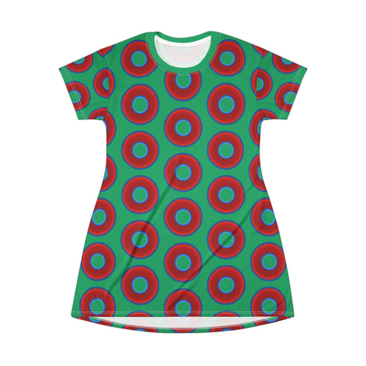 Not a Muumuu AOP Tee Shirt Dress - red vivid donuts w/jade green background