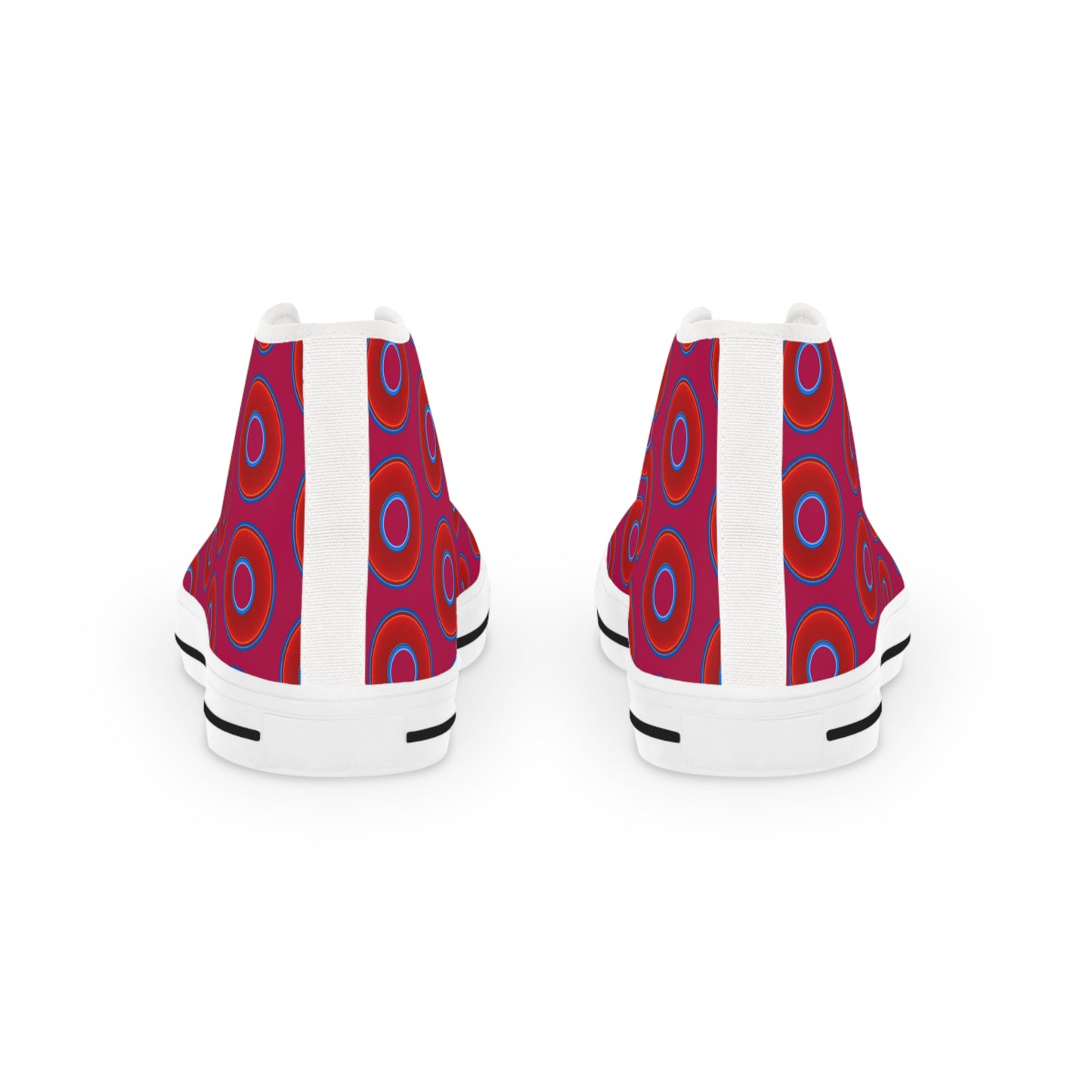 Men's High Top Chucks - large vivid red donut print w/dark magenta background