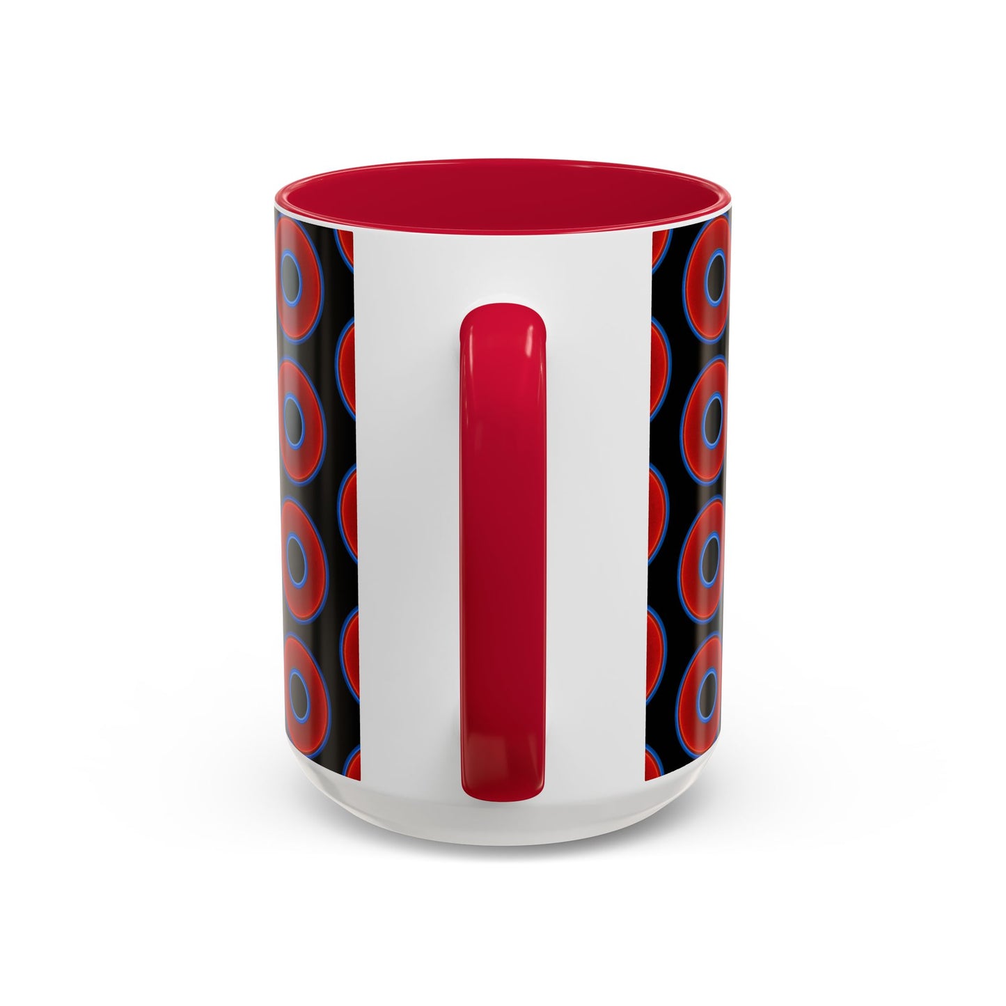 Lump's Grumpy Coffee Mug - vivid red donuts w/black background