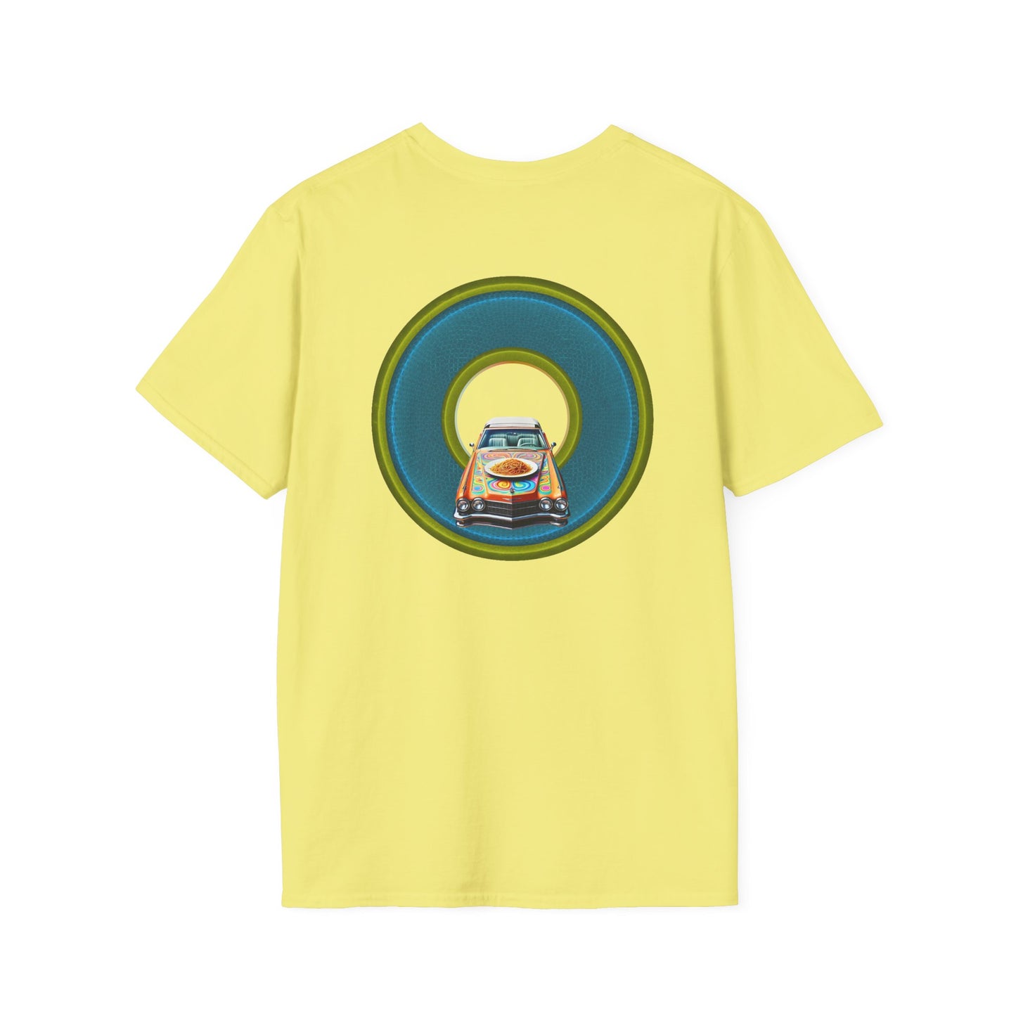Classic Donut Tee - Unisex Soft-Style - "Cadillac Rainbow Spaghetti Incident" - series 1.0  - variant 1 - blue/green donut