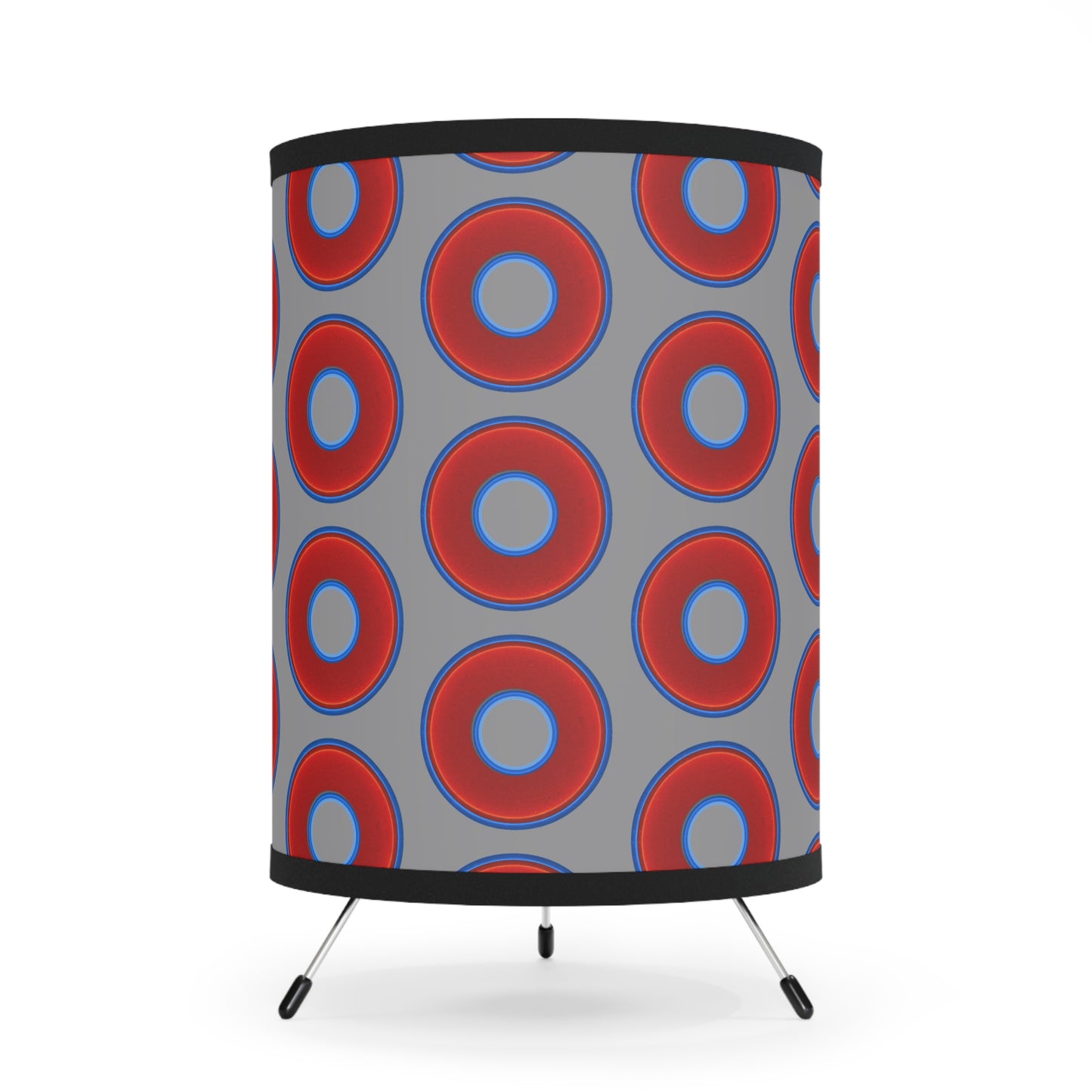 Lumpy Tripod Donut Lamp - vivid red donuts w/gray background