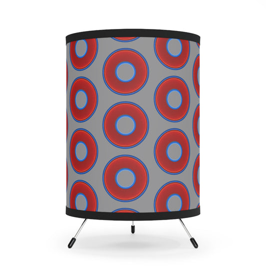 Lumpy Tripod Donut Lamp - vivid red donuts w/gray background