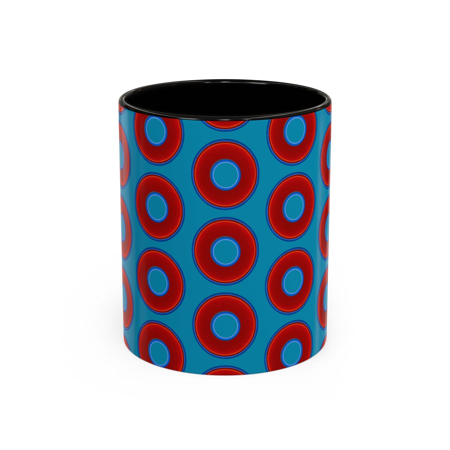 Lump's Grumpy Coffee Mug - vivid red donuts w/aquamarine blue background