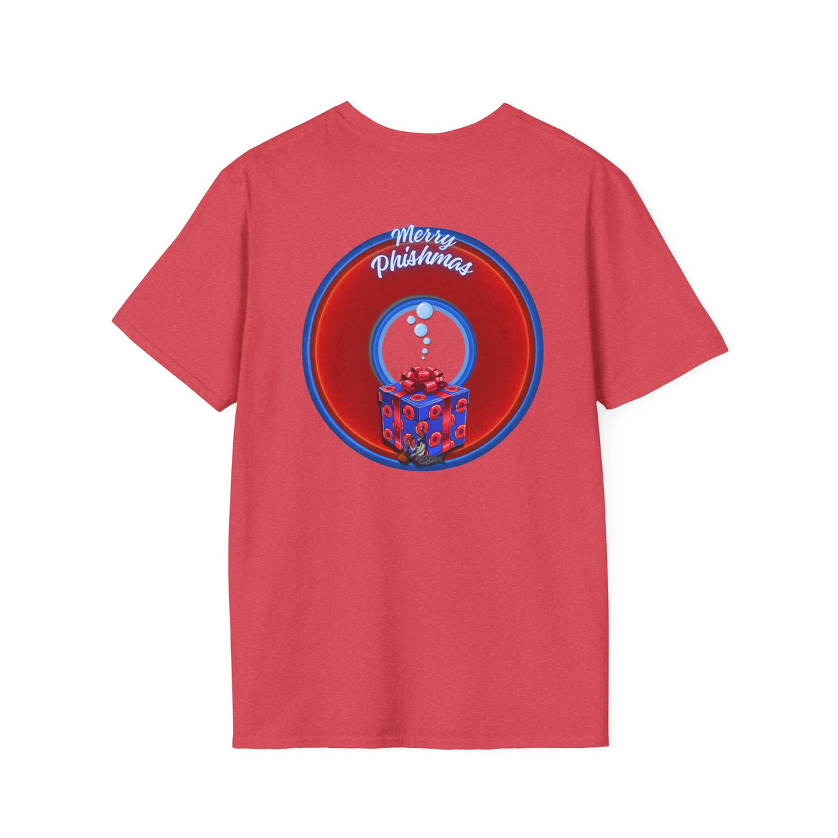 Classic Donut Tee - Unisex Soft-Style - "Phishmas Caroler's Tee " - vivid red/blue donut - variant 2