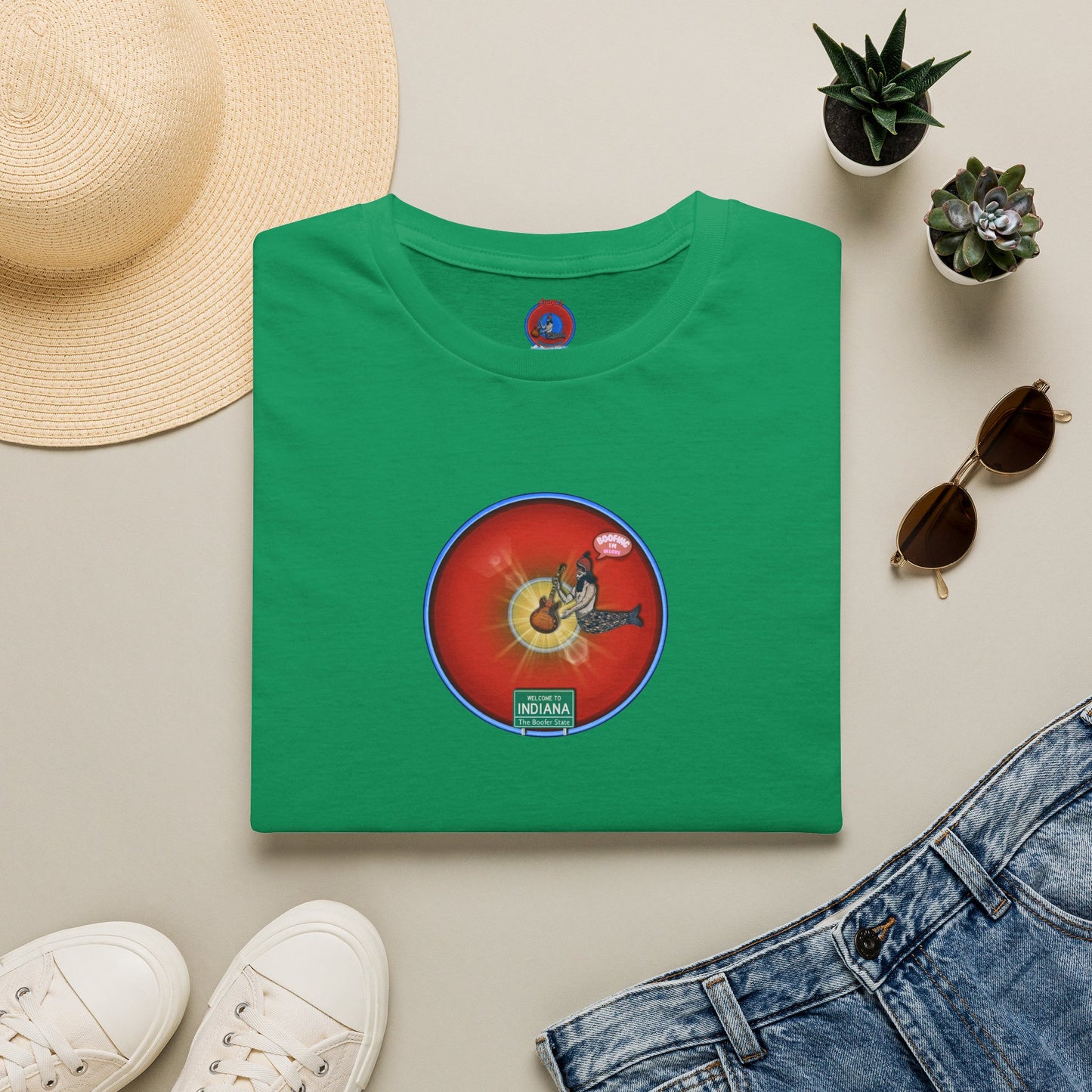 Classic Donut Tee - Unisex Soft-Style - "Indiana is for Boofers" - vivid red/blue plumpy donut - variant 2 - w/sun drop