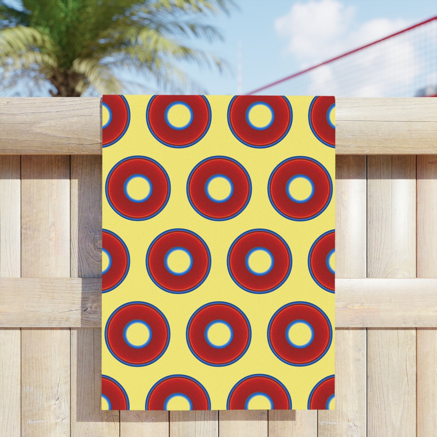 Lumpy Donut Towels - vivid red donuts w/yellow background