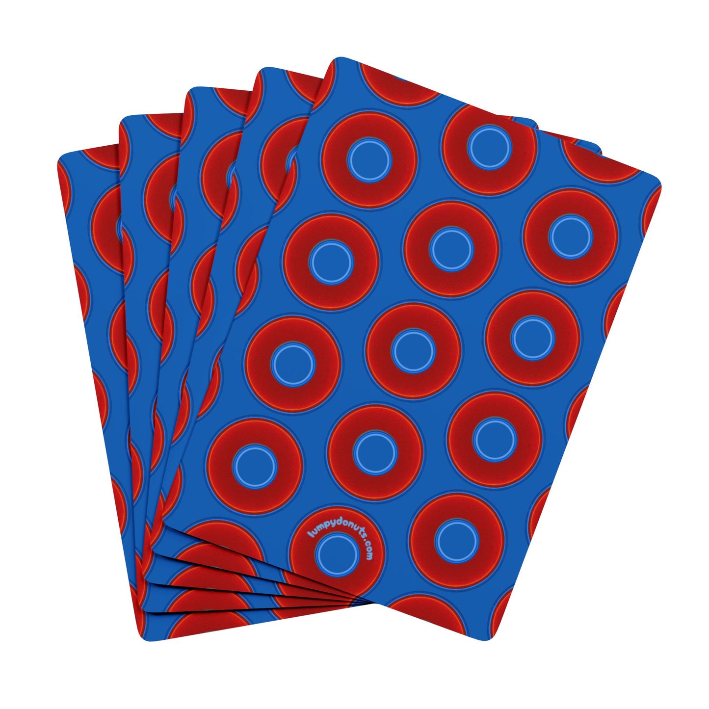 Lumpy Donut Playing Decks - 52-cards - red vivid donuts w/dark royal blue background
