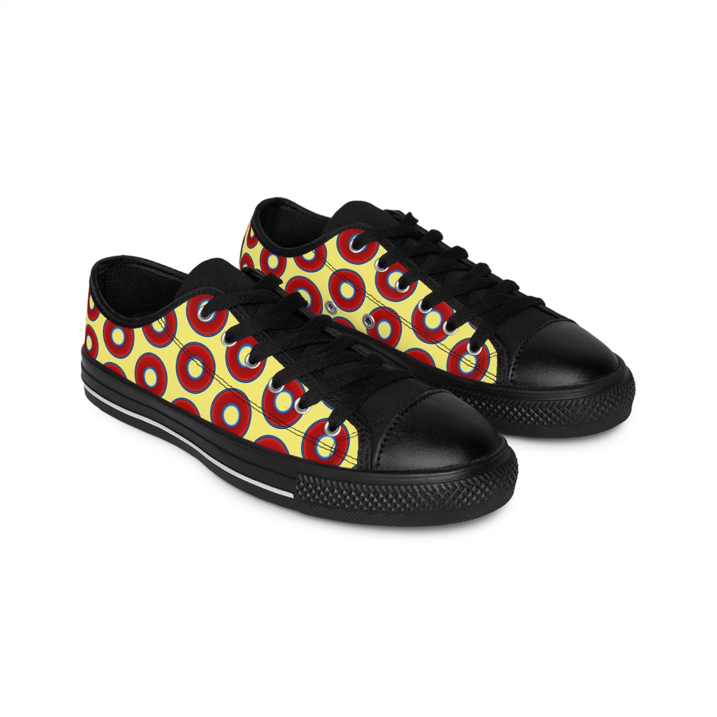 Men's Cushiony Convectors - Low Top - large red vivid donut print w/yellow background