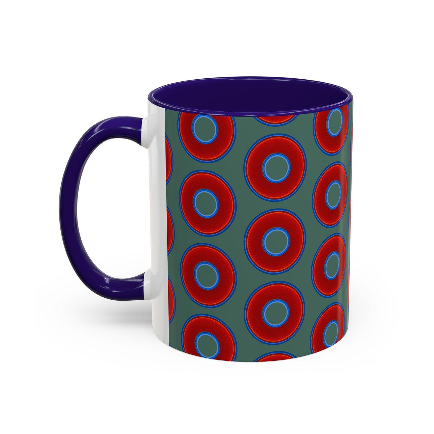Lump's Grumpy Coffee Mug - vivid red donuts w/Fenway green background