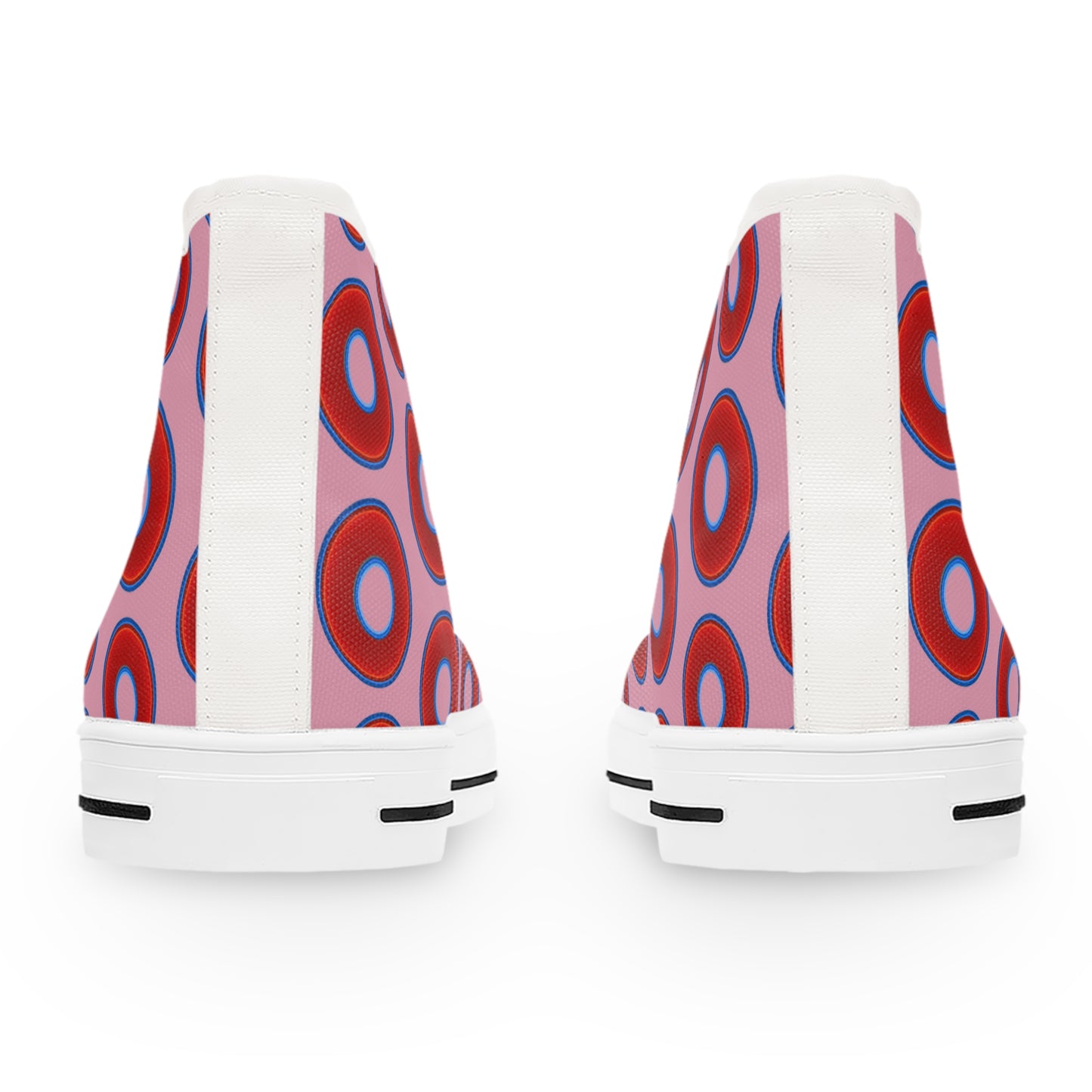 Women's High Top Chuck Taylors - large vivid red donut print w/pale magenta background