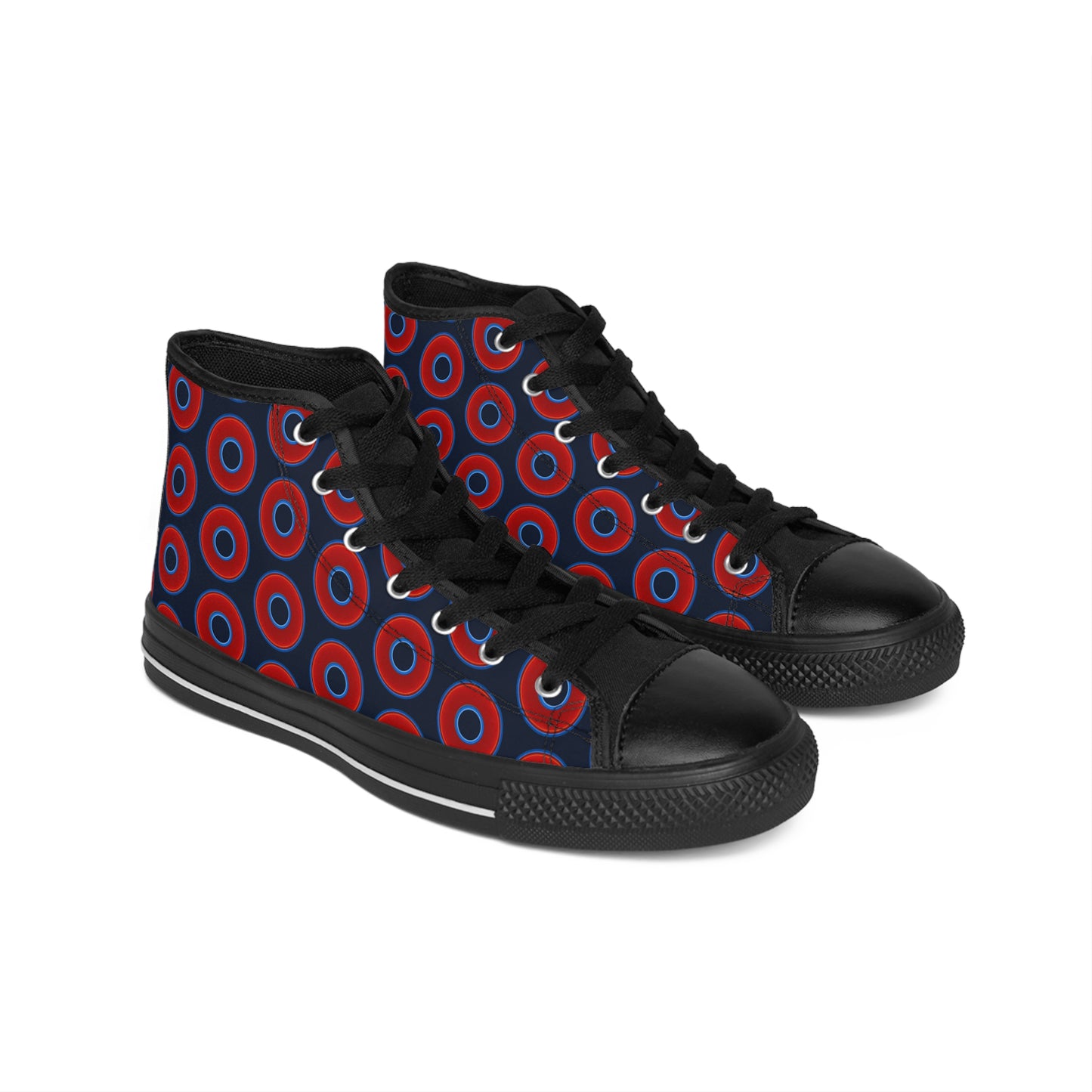 Cushiony Convectors - High Tops - red vivid donuts w/dark teal blue elite background