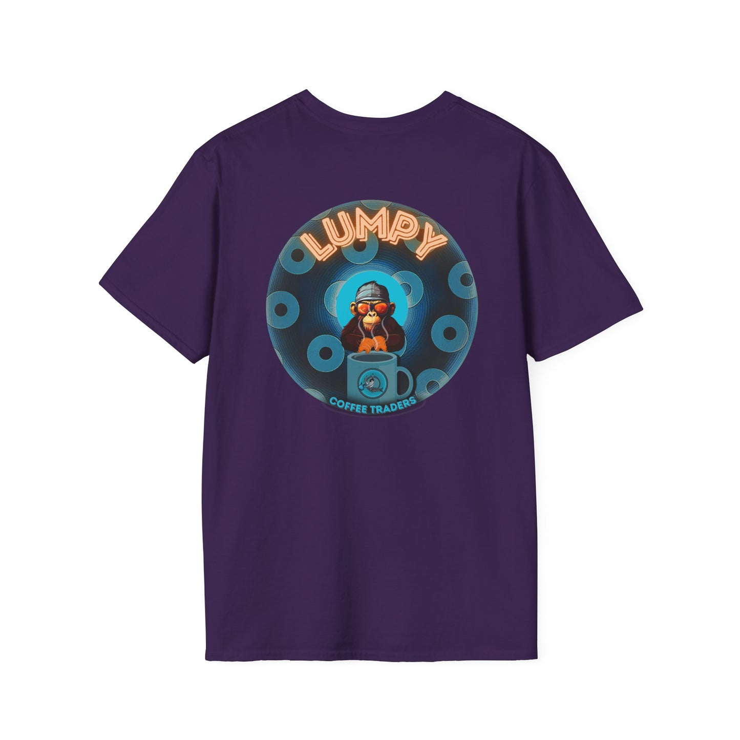 Lumpy Coffee Traders Tee - Unisex Soft-Style - "Good to Last Leaky Drop" - paradoxical donut - variant 2 - ocean donut front/logo back