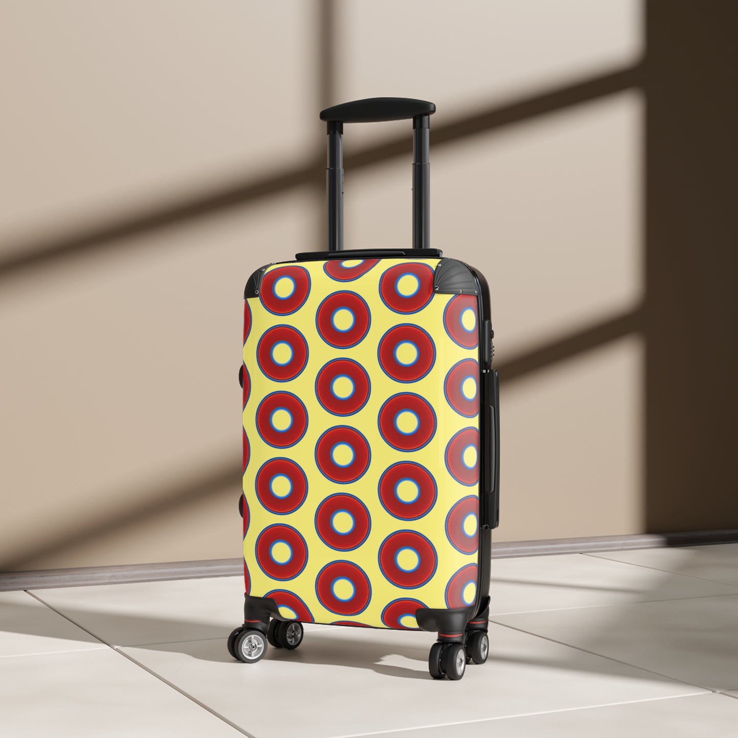 The Very Lumpy Donut Suitcase series - your choice of S, M or L - vivid red donut print w/yellow background