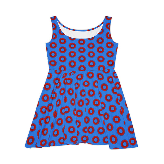 Women's Skater Donut Dress - vivid red donut print w/light royal blue background