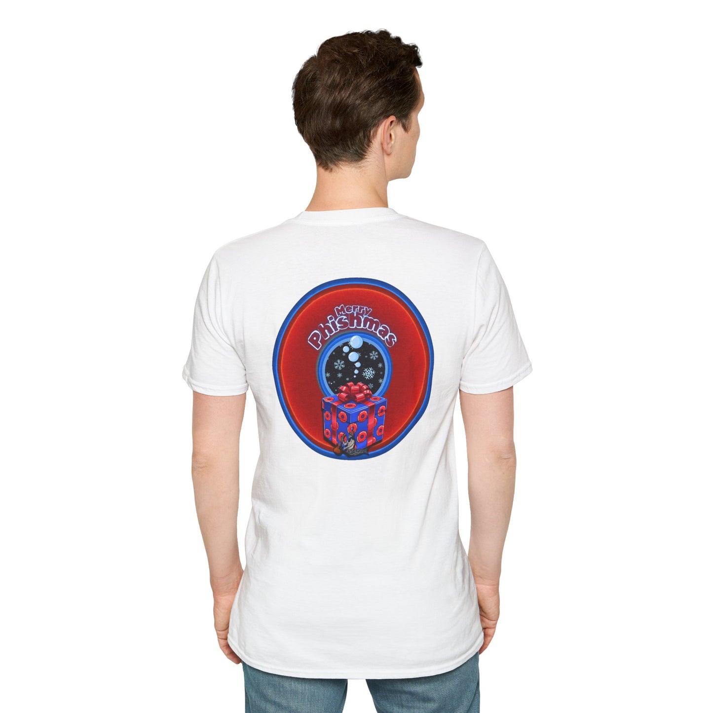 Classic Donut Tee - Unisex Soft-Style - "Phishmas Caroler's Tee " - vivid red/blue donut - variant 4