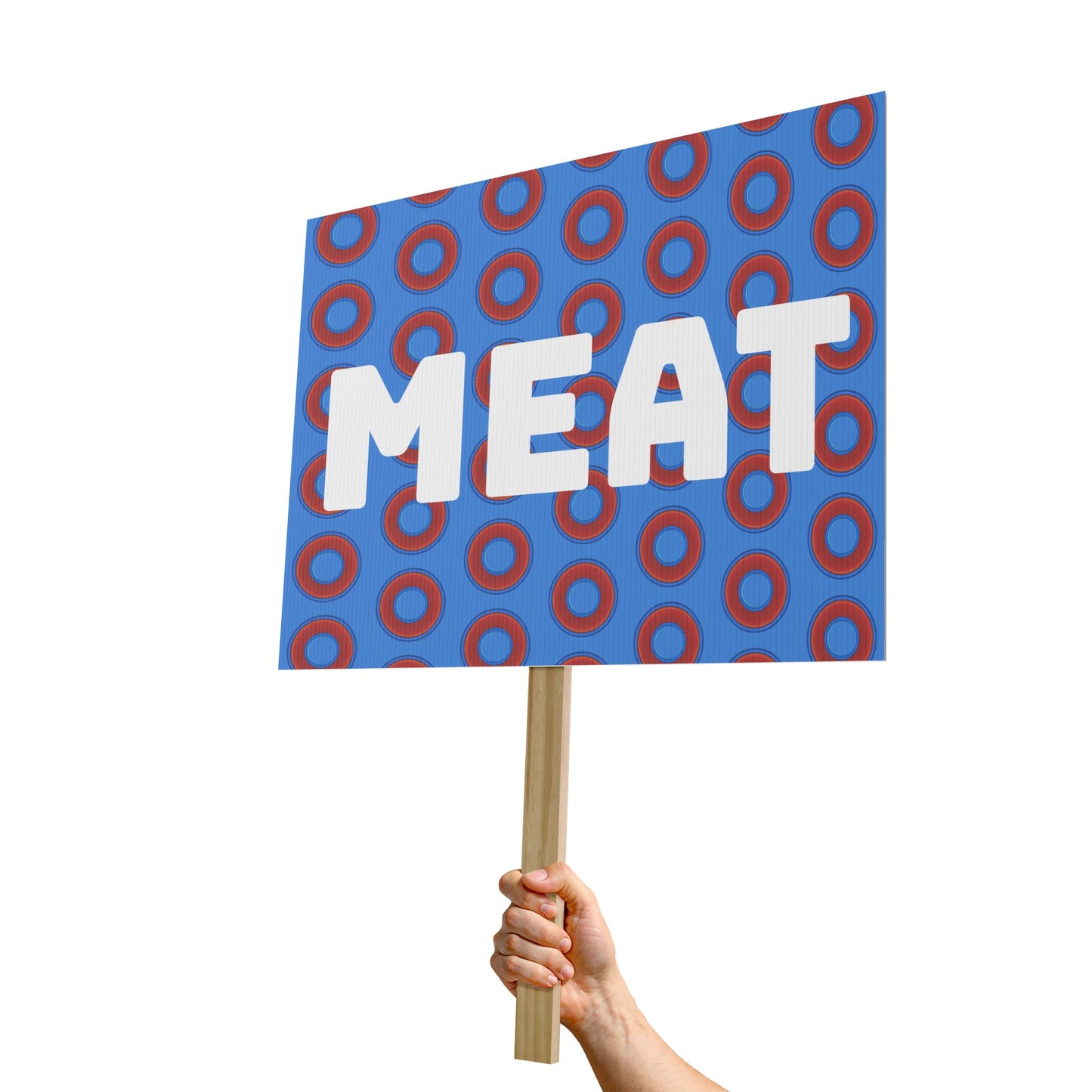 Meatstick Meet Sign - rustic red/blue donut print w/light royal blue background