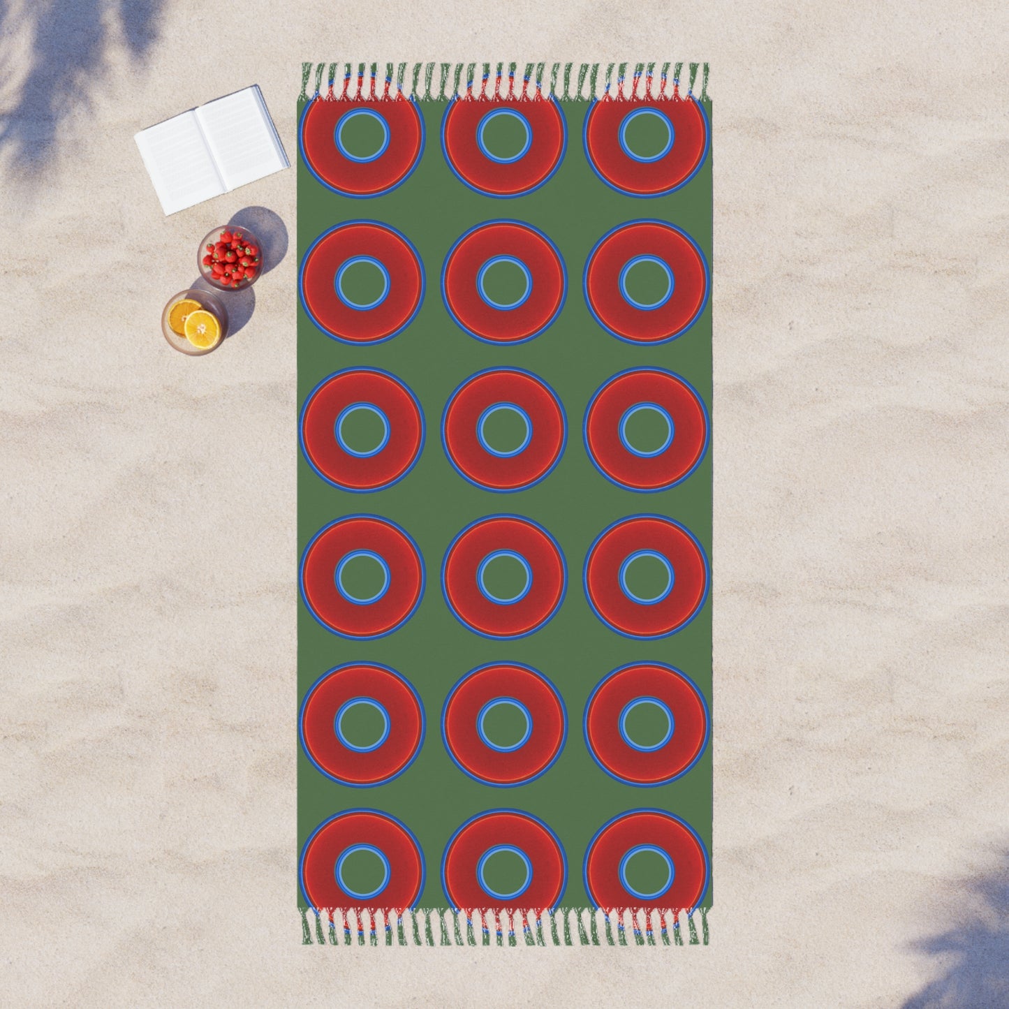 Oversized Lumpy Beach Towel - vivid red donuts w/dark green background