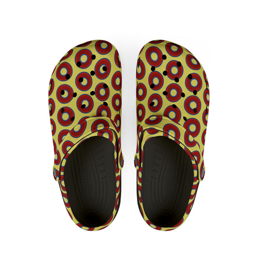 Spatchcocks - donut slip-on shoes - vivid red donuts w/yellow background [unisex]